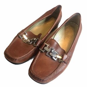 COLE HAAN Leather Metal Accent Driving Loafer 6 Horsebit Chain Link Career Brown